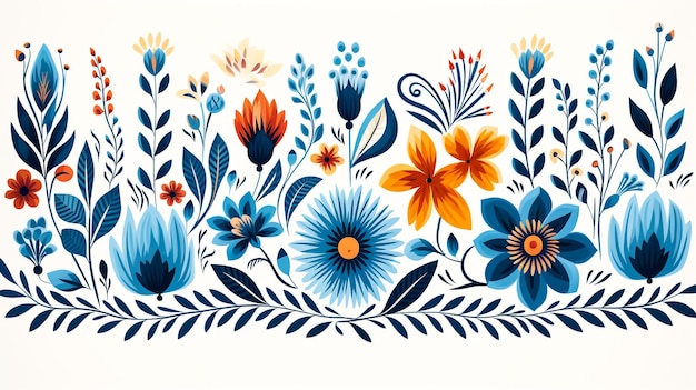 Floral illustration with flowers and leaves in an abstract style in the style of folk artinspired