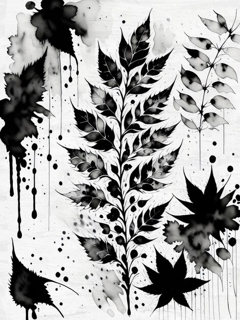 Photo floral ink painting pattern black and white botanical background monochrome linocut reproduction