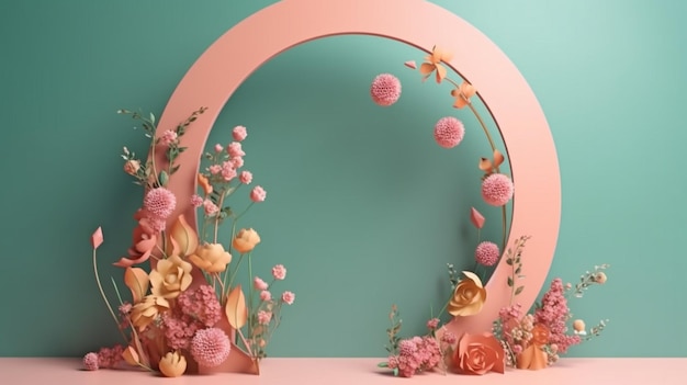 Floral installation scene from spring with a geometric arch shapeThe Generative AI