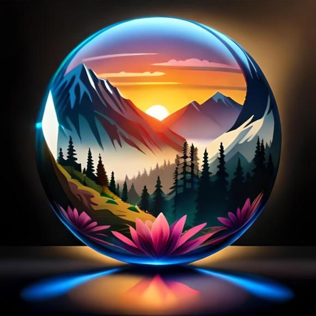 A Floral Kaleidoscope of Sunrise and Mountains Encased in a Spherical Transparent Crystal