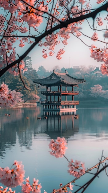 日本の庭園の花の風景 春の静かな湖 桜がいている 京都 満開 奈良の鹿の公園 桜の背景 東京の公園 ランタンの祭り