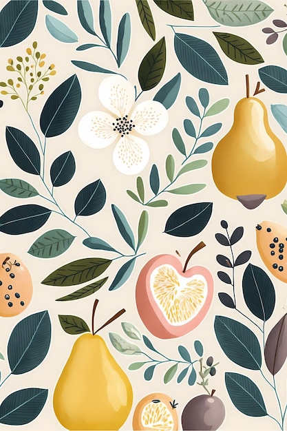 Floral leaves pattern and fruit hand drawn illustration