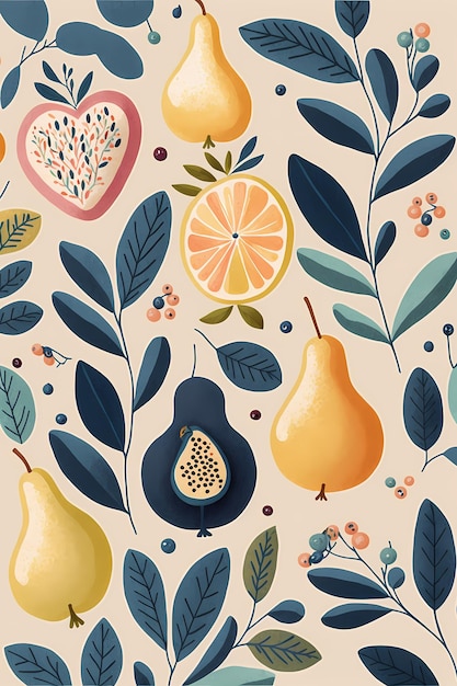 Floral leaves pattern and fruit hand drawn illustration