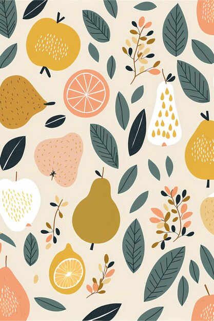 Photo floral leaves pattern and fruit hand drawn illustration