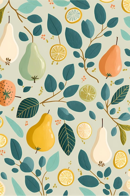 Floral leaves pattern and fruit hand drawn illustration