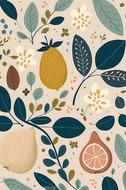 Floral leaves pattern and fruit hand drawn illustration