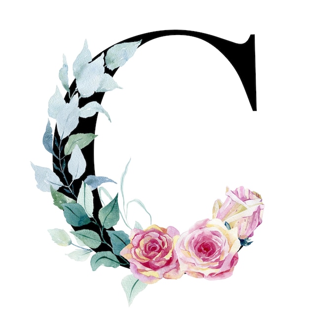 Floral letter C with watercolor roses