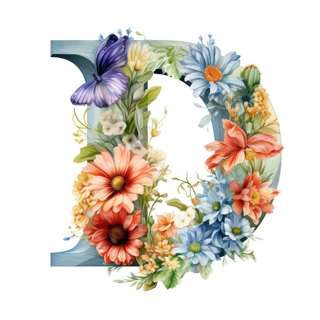 Floral Letter D Clipart on White Background AI Generated