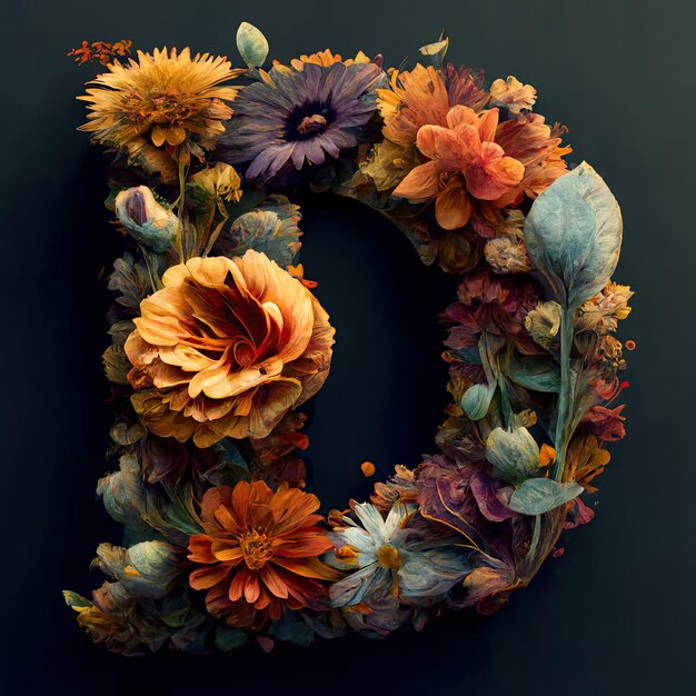 A floral letter d is made of flowers and leaves.