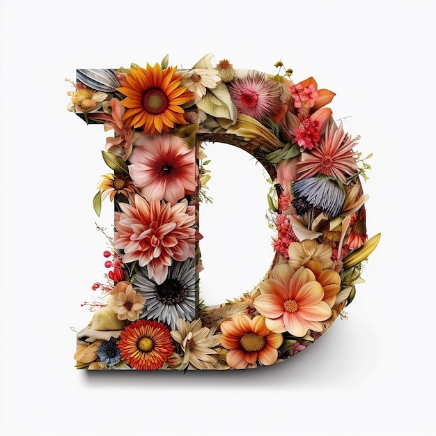 Photo a floral letter d made with flowers and leaves.