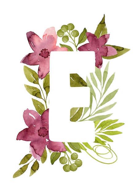 Floral letter e monogram pink watercolor flowers green leaves and berries floral lettering