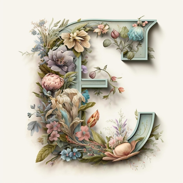 A floral letter f is made with flowers and leaves.