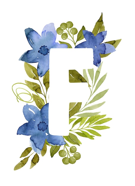 Photo floral letter f monogram blue watercolor flowers green leaves and berries floral lettering