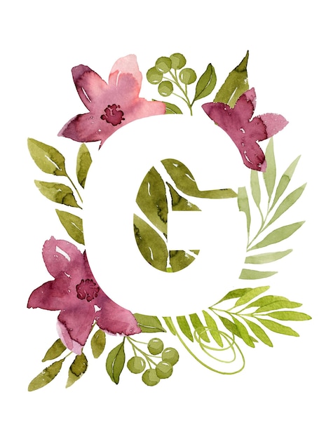 Floral letter g monogram pink watercolor flowers green leaves and berries floral lettering