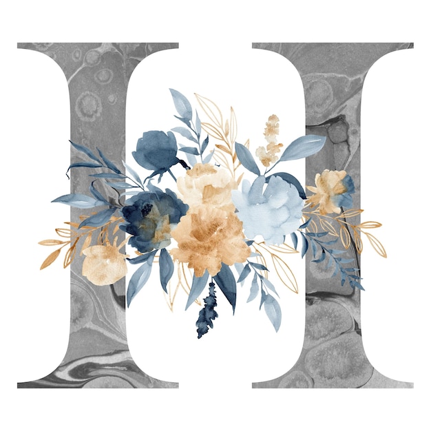 Floral letter H with indigo and golden peonies