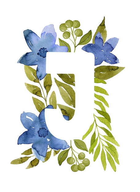 Floral letter J monogram blue watercolor flowers green leaves and berries floral lettering