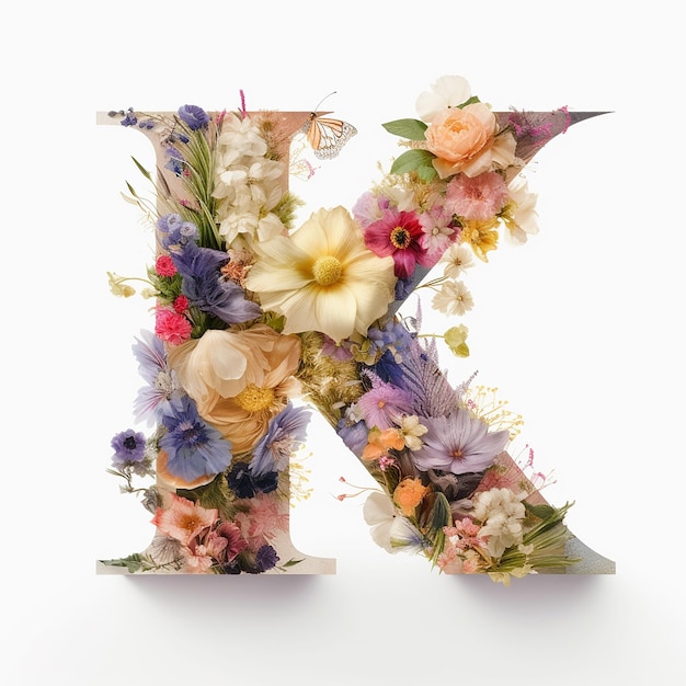 A floral letter k is displayed with flowers and leaves.