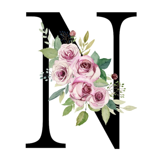 Floral letter N with watercolor roses