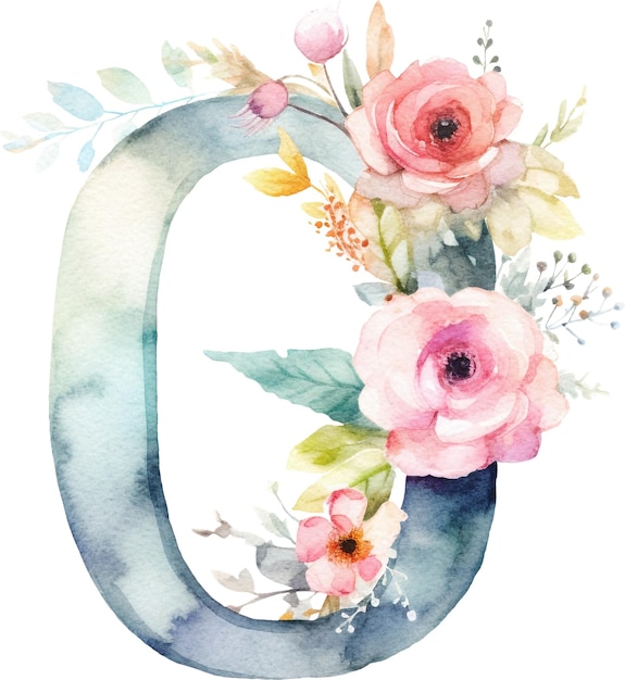 Floral letter O decorated with flowers watercolour isolated on white