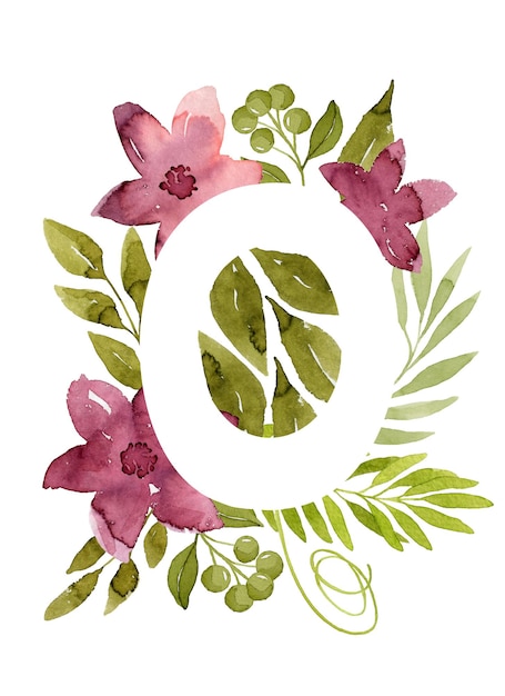 Floral letter O monogram pink watercolor flowers green leaves and berries floral lettering
