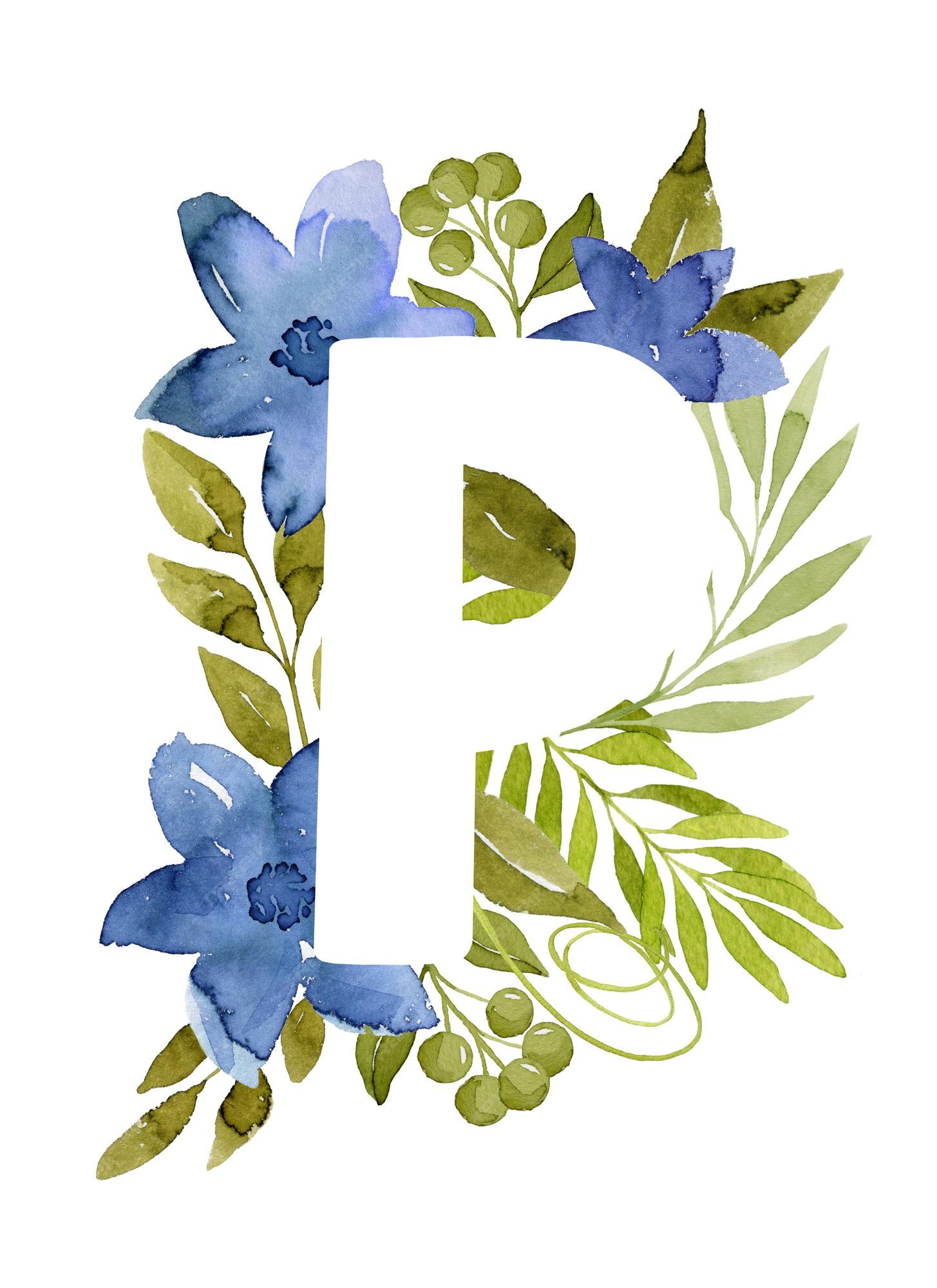 Premium Photo  Floral letter w monogram blue watercolor flowers