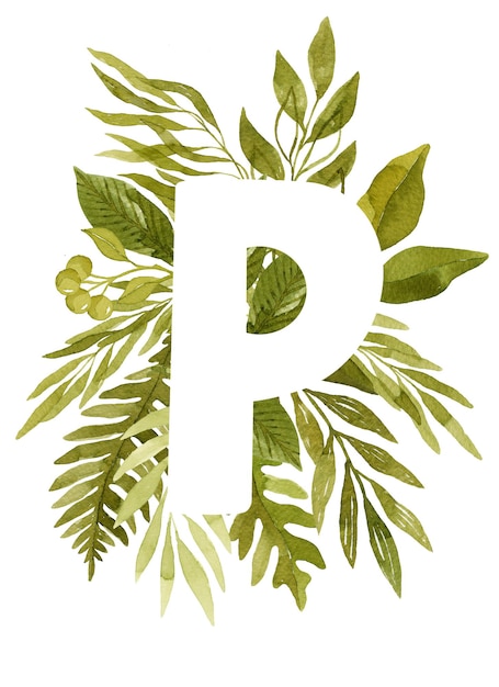 Фото Цветочная буква p монограмма зеленые акварельные листья папоротники эвкалипт и ягоды цветочные надписи