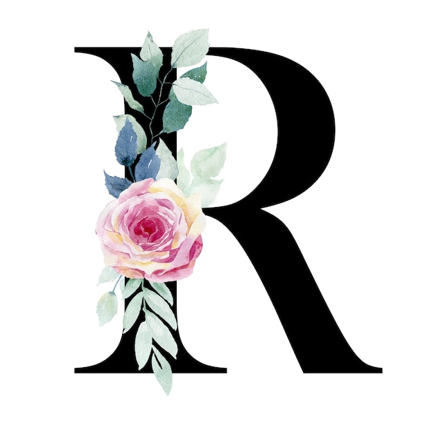 Floral letter R with watercolor roses