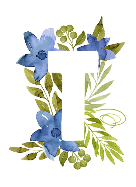 Lettera floreale t monogramma blu acquerello fiori foglie verdi e bacche scritte floreali