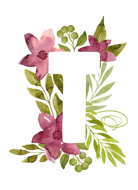 Photo floral letter t monogram pink watercolor flowers green leaves and berries floral lettering