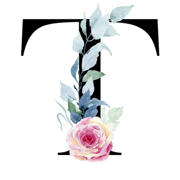 Floral letter T with watercolor roses