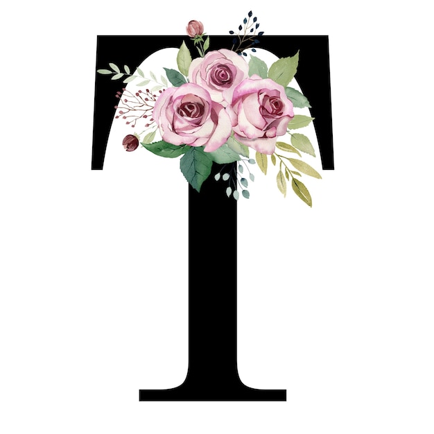 Цветочная буква Т с акварельными розами