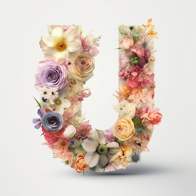 A floral letter u made with flowers and leaves.