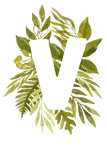 Floral letter V monogram green watercolor leaves ferns eucalyptus and berries floral lettering