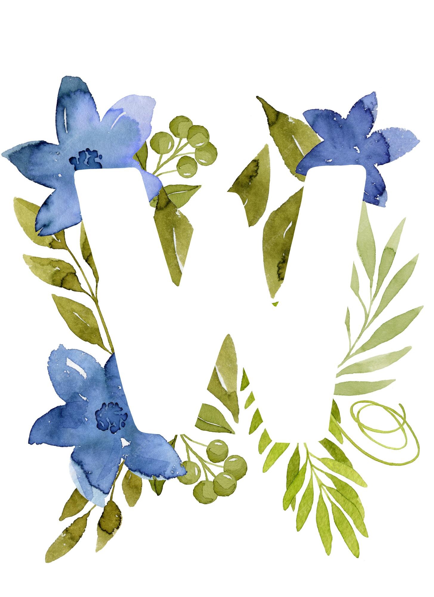 Premium Photo  Floral letter w monogram blue watercolor flowers