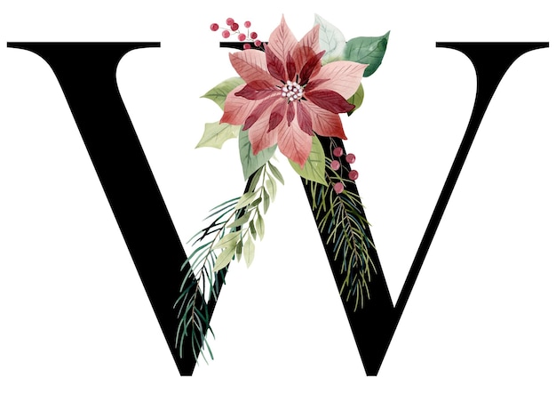 Floral letter W with christmas poinsettia