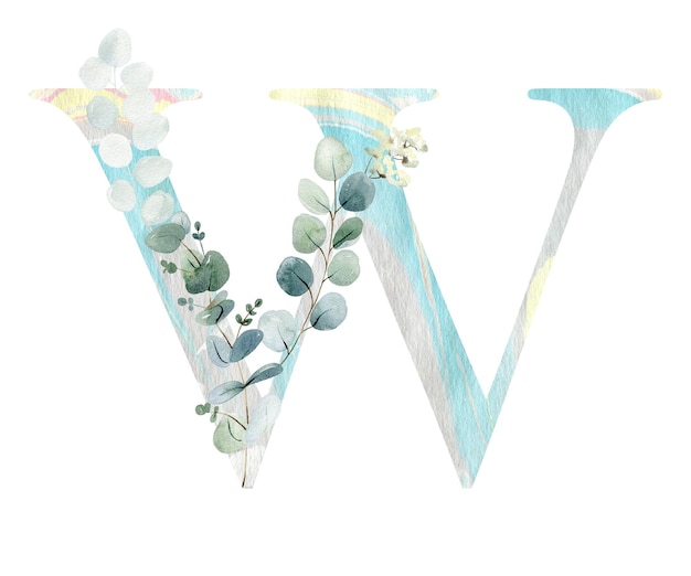 Photo floral letter w with eucalyptus leaves