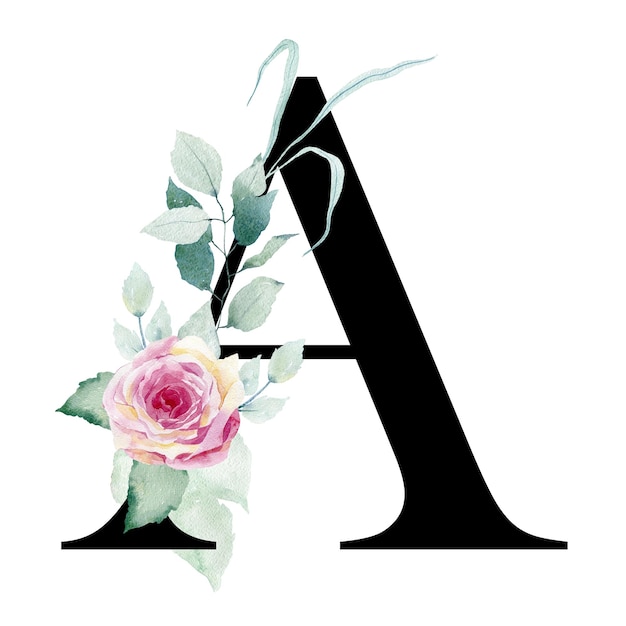 Floral letter A with watercolor roses