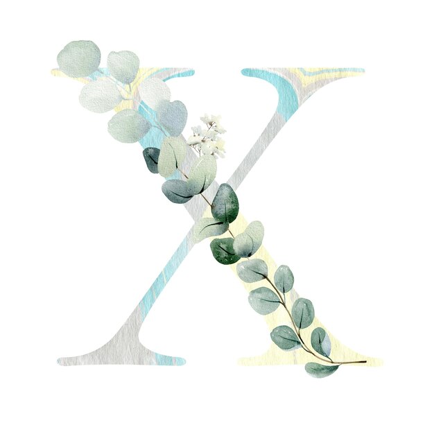 Floral letter X with eucalyptus leaves