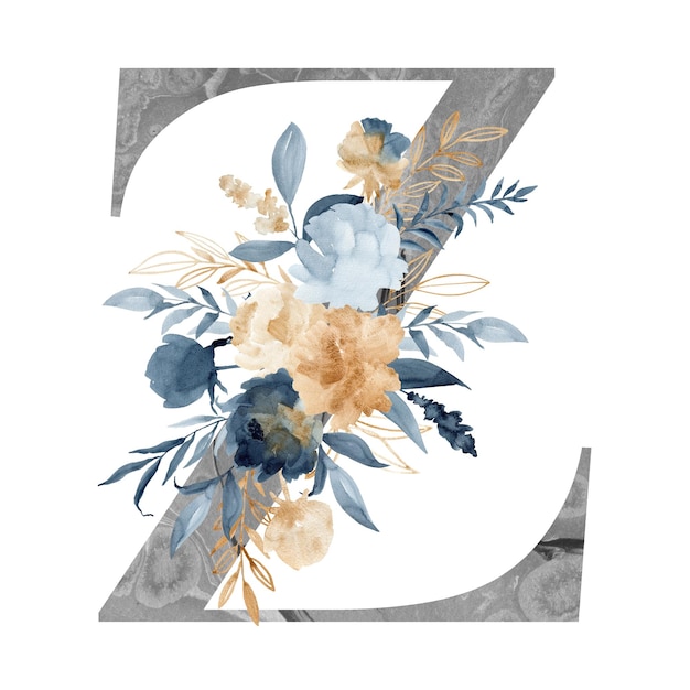 Floral letter Z with indigo and golden peonies