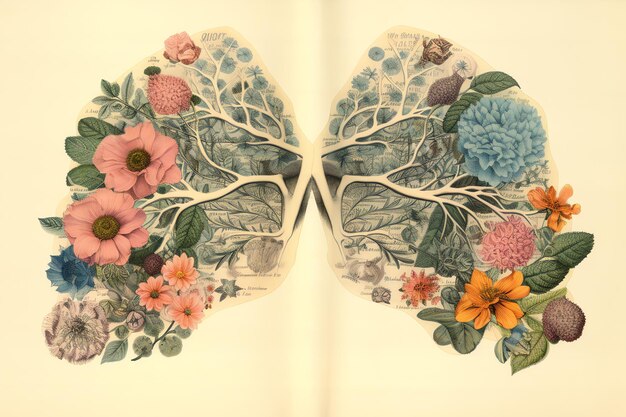 Floral lungs on beige vintage background for wall art decor or junk journal old page