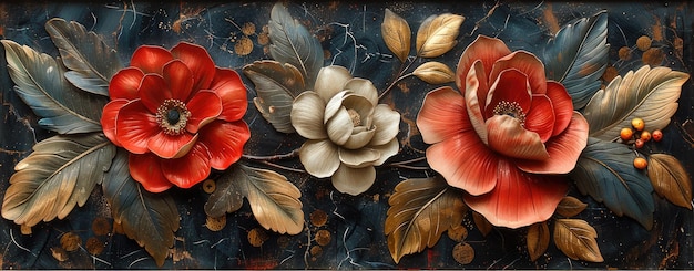 Floral Metal Wall Art on Black Marble Background