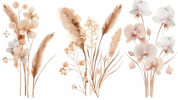 Floral modern collection of tropical palm leaves orchids pampas grass and dried lunaria flowers Pastel watercolor floral template isolated collection for weddings bouquet frames decoration
