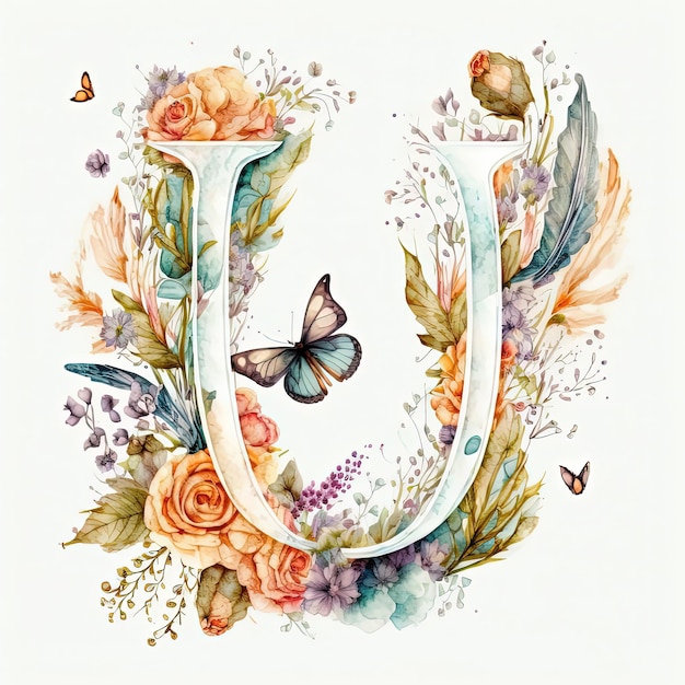 Floral monogram lettering U for your nature themed design generative ai