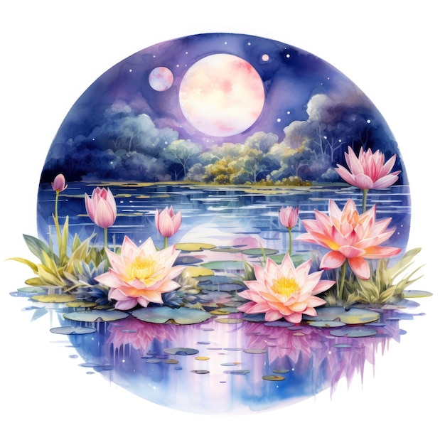 Floral moon and water lilies on a white background