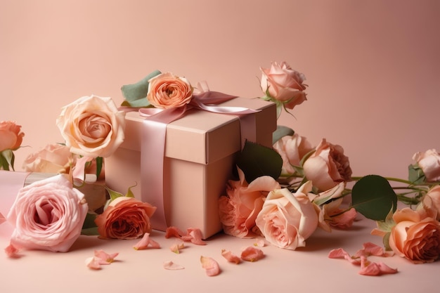 Floral mothers day concept with gift box and roses generative ai