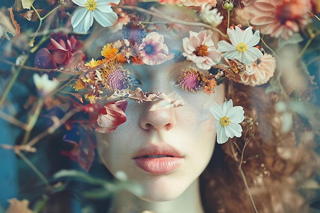 花で覆われた目を持つ花の謎の抽象的な女性