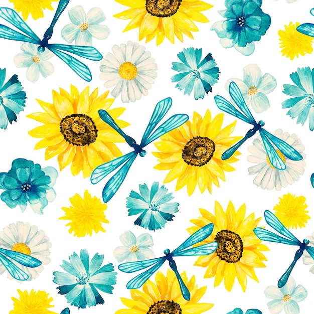 Floral naadloze achtergrond Patroon met prachtige aquarel bloemen zonnebloem en libellen Botanische hand getekende illustratie Textuur voor print stof textiel verpakking