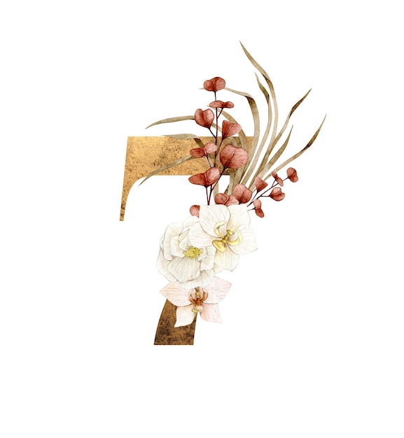 Boho 꽃 꽃다발 구성이있는 꽃 번호 숫자 7 독특한 손으로 그린 클립 아트