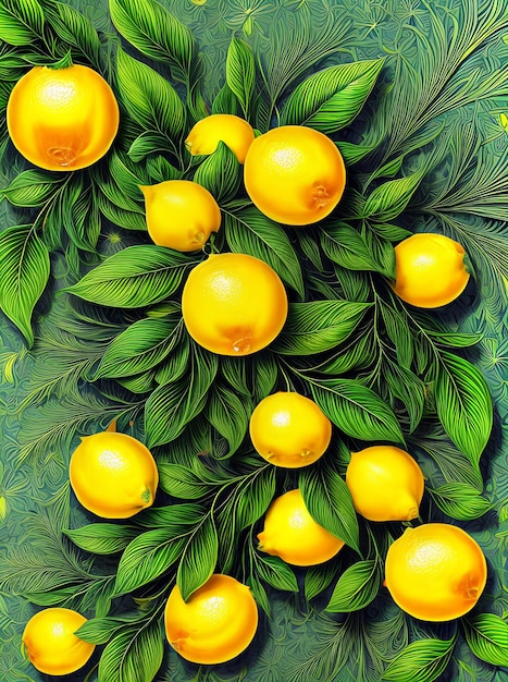 Floral painted backdrop adorned with vibrant lemons leaves and captivating neon hues for an artistic touch generative ai generated