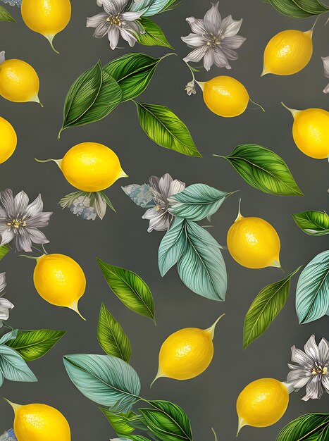 Photo floral painted background showcasing realistic whole lemons leaves and a neutral color palette generative ai generated